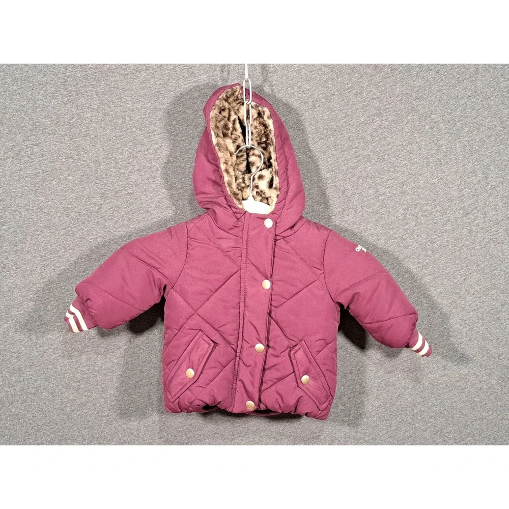OshKosh Bgosh Toddler Girls Burgundy Quilted Puffer Jacket Leopard Hood 12M